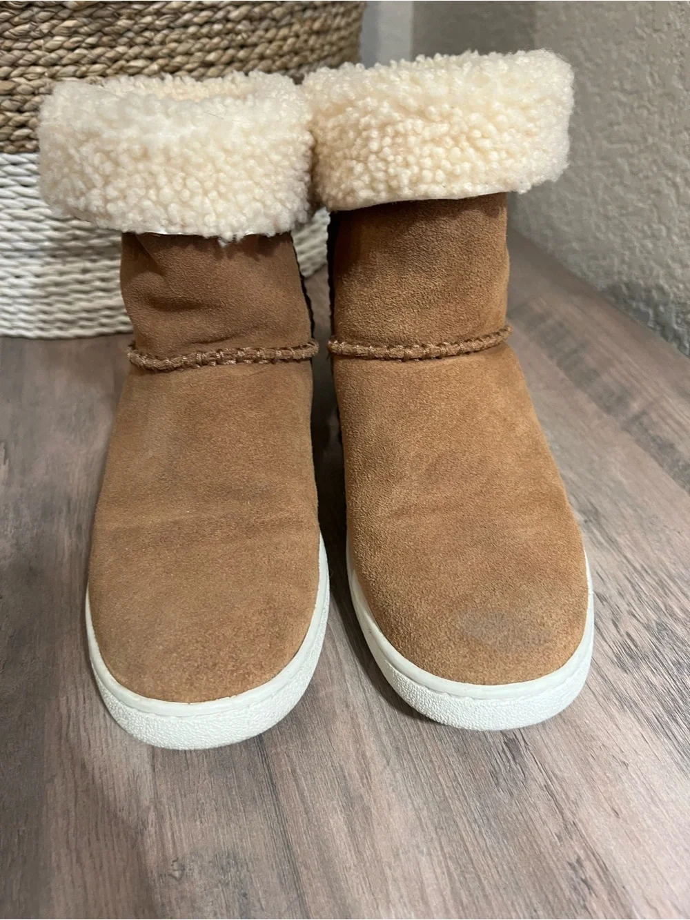 UGG Chestnut Suede Ankle Boots with Cream Shearling Cuff